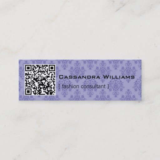 Customizable Damask Purple QR CODE Mini Business Cards