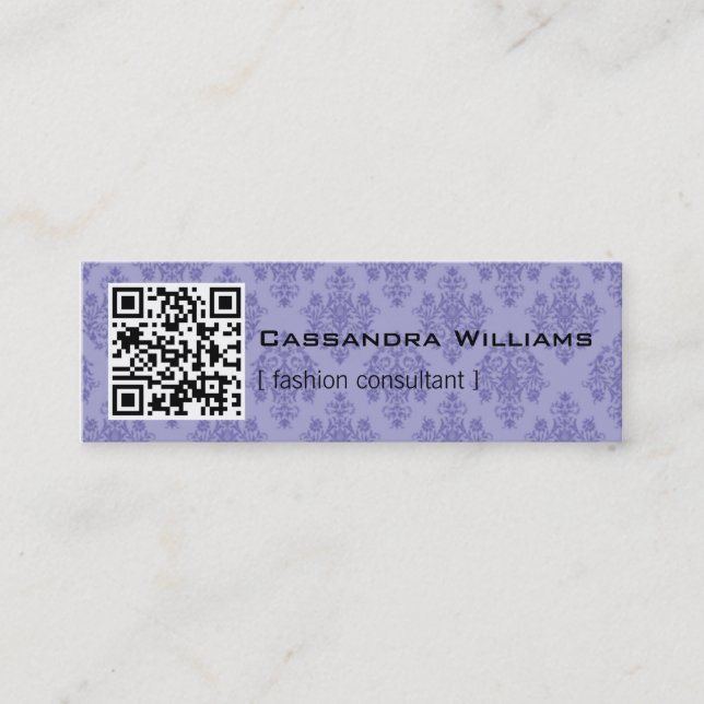 Damask Purple QR CODE Mini Business Cards (Front)