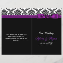 damask ,purple ribbon book fold Wedding program