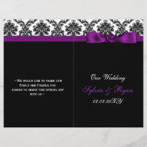 damask ,purple ribbon book fold Wedding program