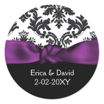 damask purple wedding classic round sticker