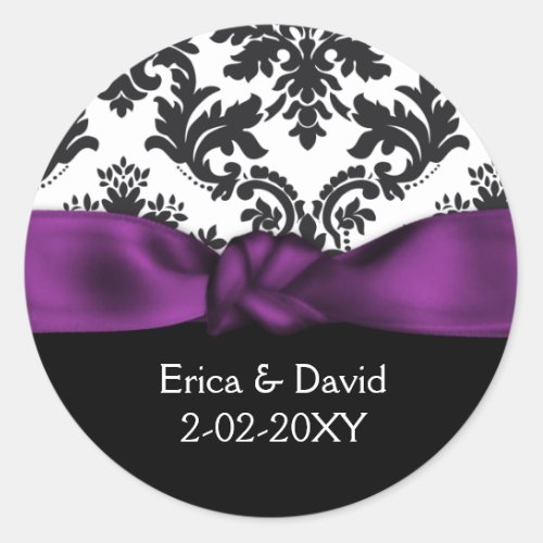 damask purple wedding classic round sticker