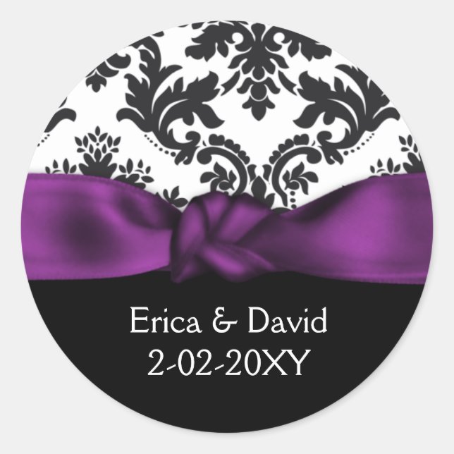 damask purple wedding classic round sticker (Front)