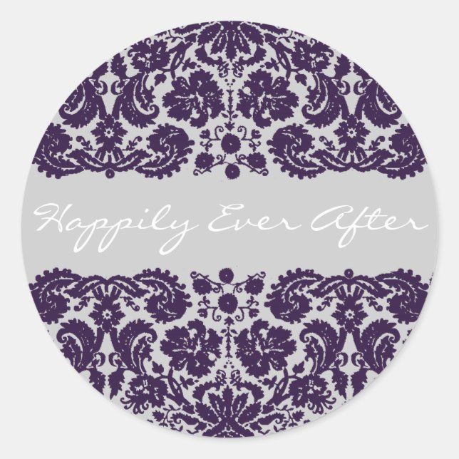 Damask Purple Wedding Classic Round Sticker (Front)