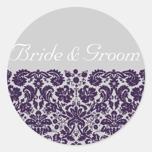 Damask Purple Wedding Classic Round Sticker (Front)