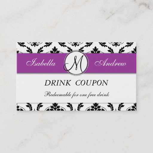 Customizable Damask Purple Wedding Free Drink Coupon Card Business Card