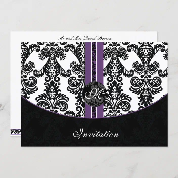 T Purple Ivory Damask Personalised Wedding Day and/or Evening Invitations