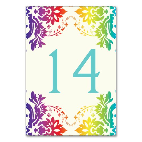 Damask rainbow wedding table number place card