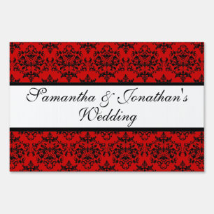 Damask red black white wedding engagement sign