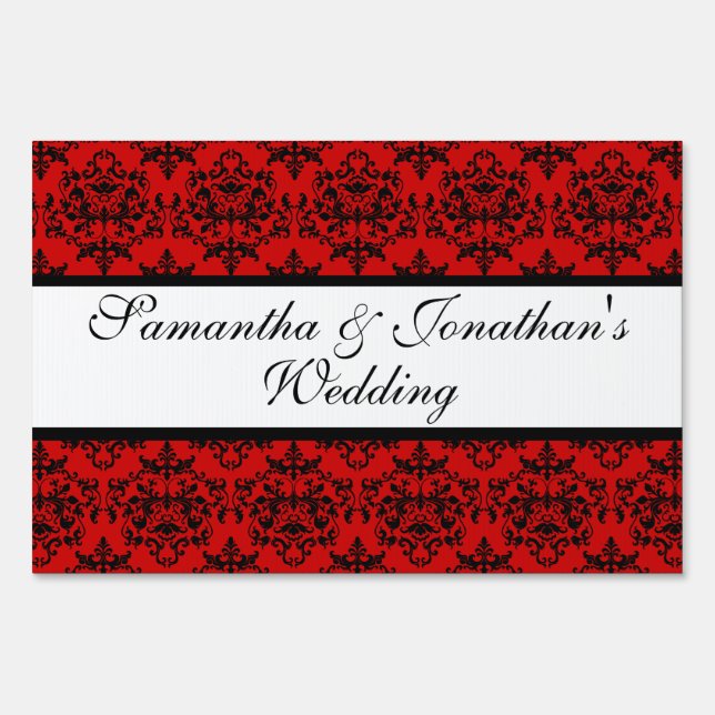 Damask red black white wedding engagement sign (Front)