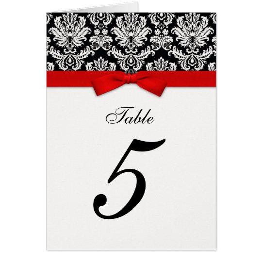 Damask Red Bow Table Seating Number Card