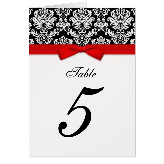 Damask Red Bow Table Seating Number Cards (Front)
