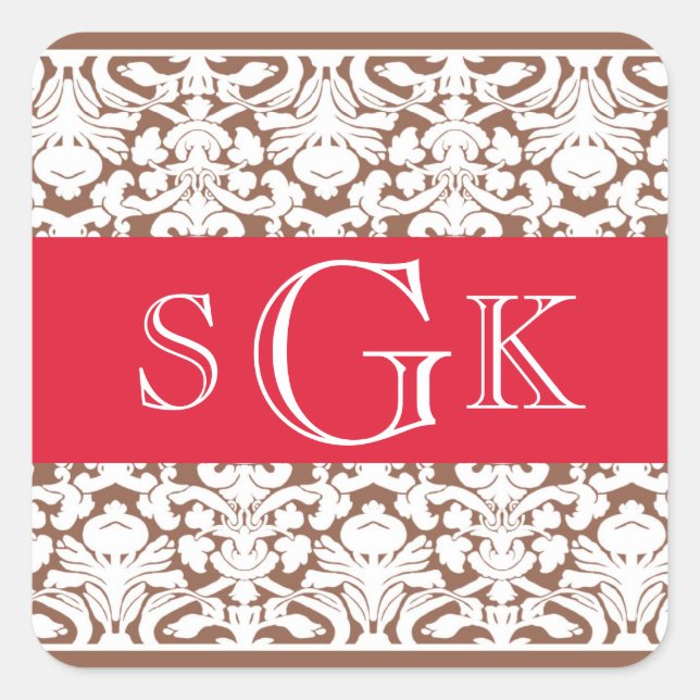 Damask red brown 3 initial monogram wedding favor square sticker (Front)