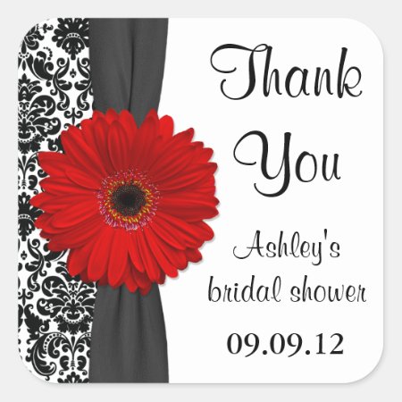 Damask Red Daisy Wedding Bridal Shower Thank You Square Sticker