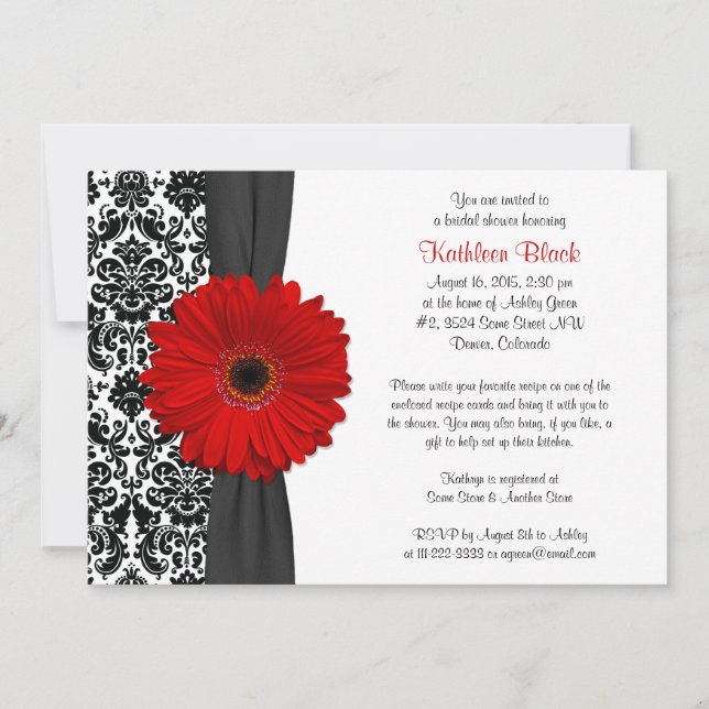 Damask Red Gerbera Daisy Recipe Bridal Shower Invitation (Front)