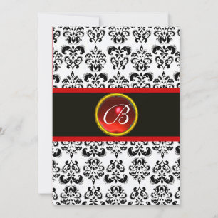 DAMASK RED RUBY MONOGRAM,black and white Invitation