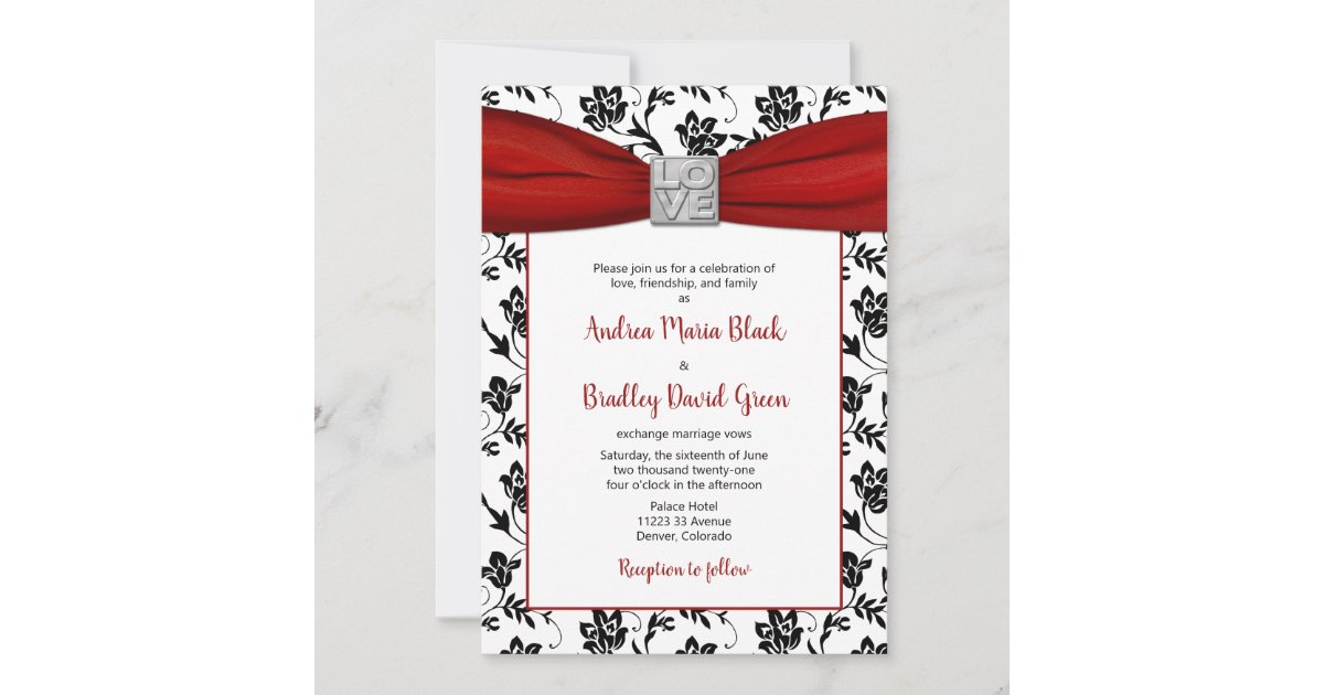 Damask & Red Satin Ribbon Invitation | Zazzle