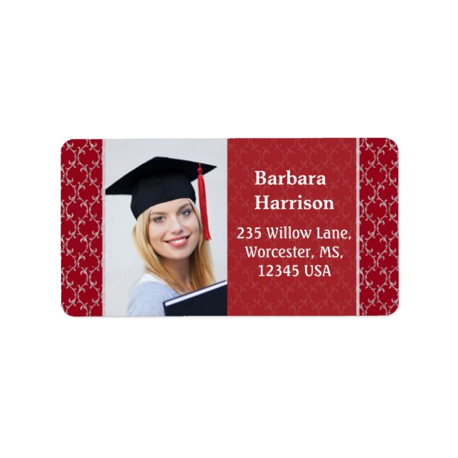 Damask red white Graduation photo Label (Front)