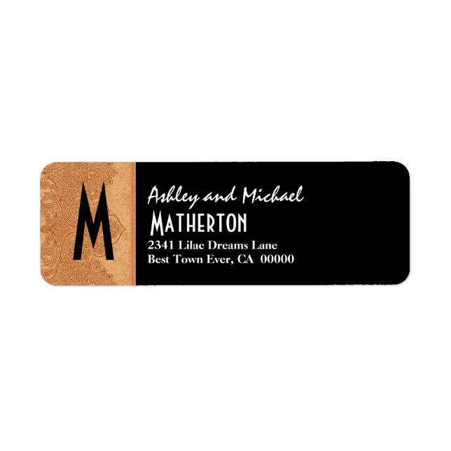 Damask Ribbon Modern Monogram Gold Black V004 Label (Front)
