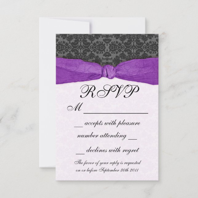 Damask Ribbon Wrapped RSVP - Purple Card (Front)