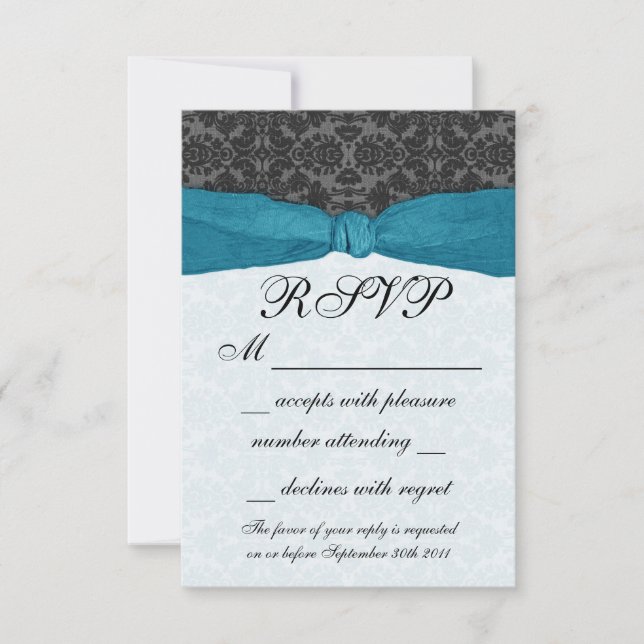 Damask Ribbon Wrapped RSVP - Teal Card (Front)