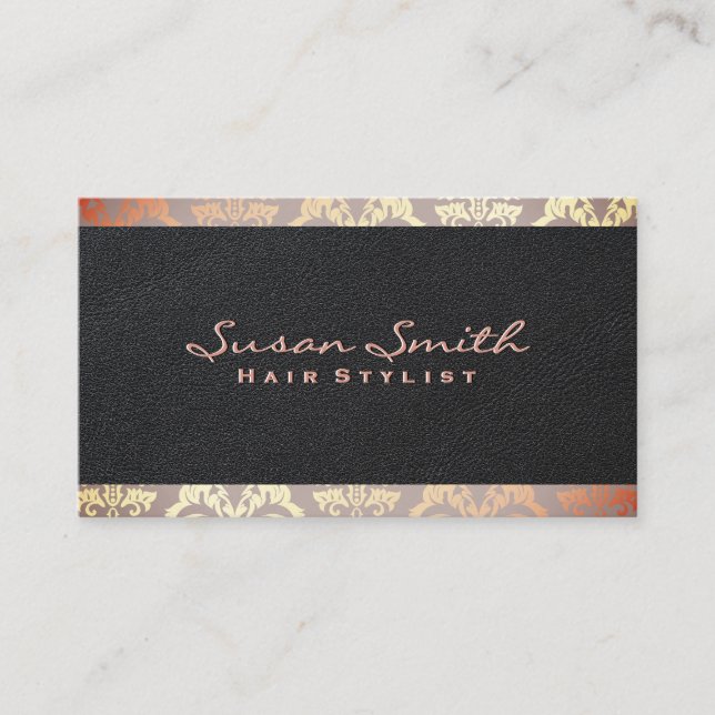 Damask Rose Gold Foil Accent | Elegant Leather Business Card (Front)