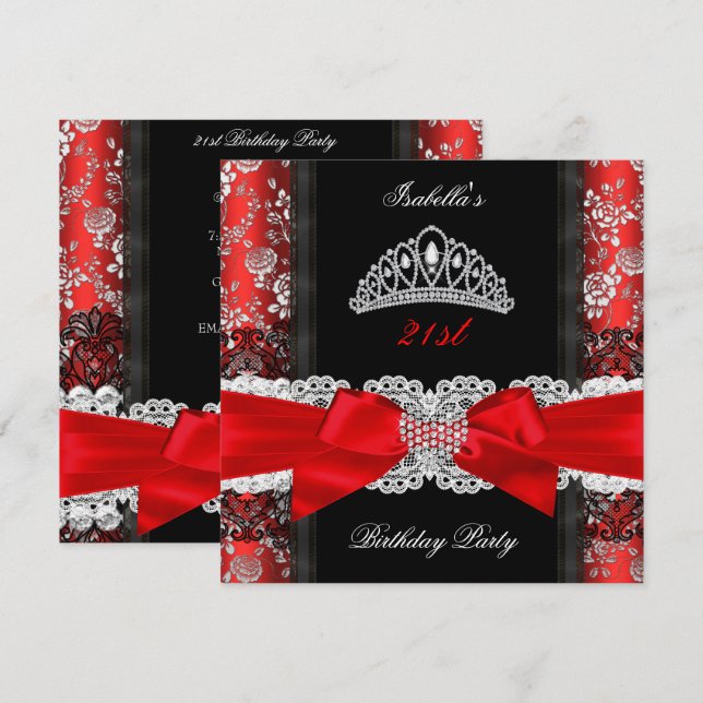 Damask Rose Red Black White Tiara Birthday Party Invitation (Front/Back)