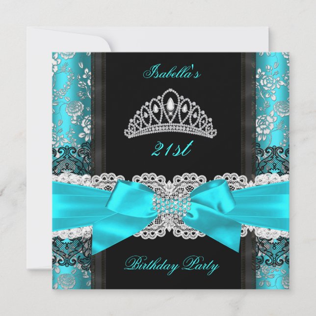 Damask Rose Teal Black White Tiara Birthday Party Invitation (Front)