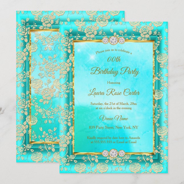 Damask rose teal blue Gold Birthday Party Invitation (Front/Back)