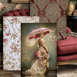 Damask Rose Victorian Moon Cherry Blossom Wrapping Paper Sheets