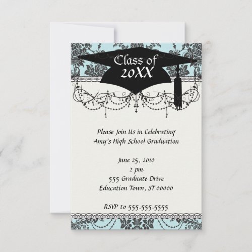 damask roses light blue and black graduation invite