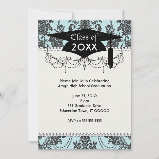 damask roses light blue and black graduation invitation (Front)