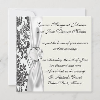 damask roses white and black invitation