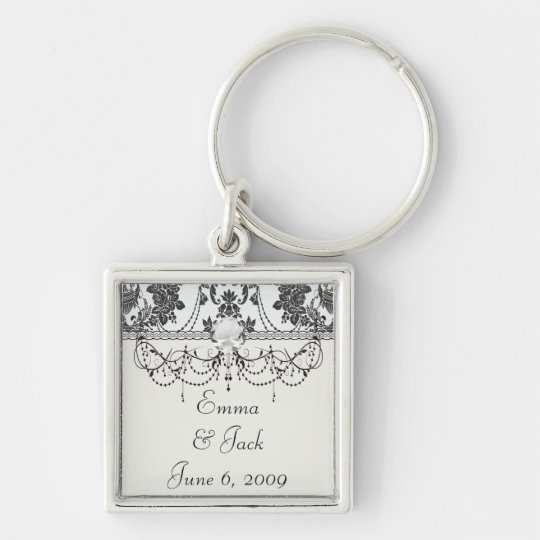 damask roses white and black keychain