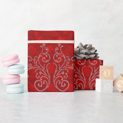 Damask Royal Diamond Silver Red Holidays Winter  Wrapping Paper