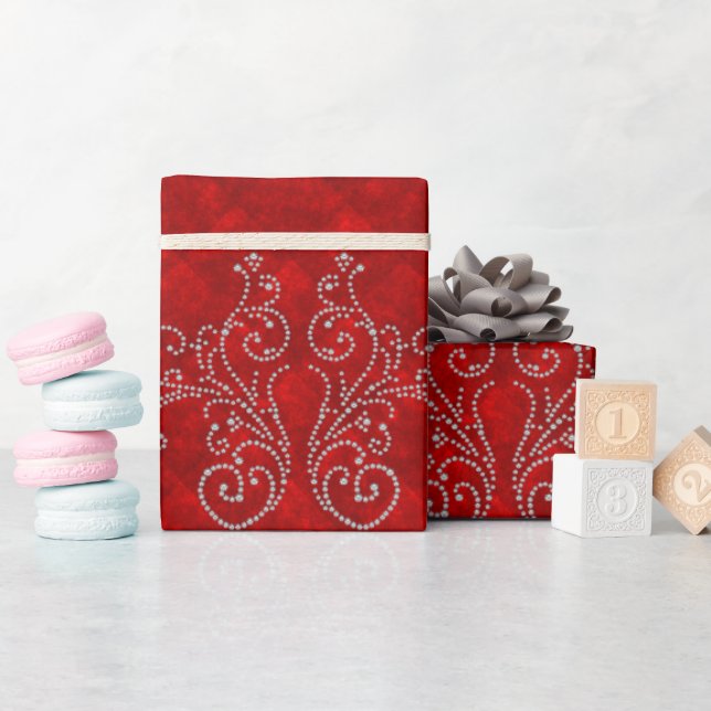 Damask Royal Diamond Silver Red Holidays Winter  Wrapping Paper (Baby Shower)