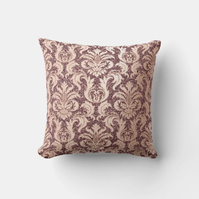 Damask Royal Glitter Maroon Copper Rose Gold Throw Pillow (Front)