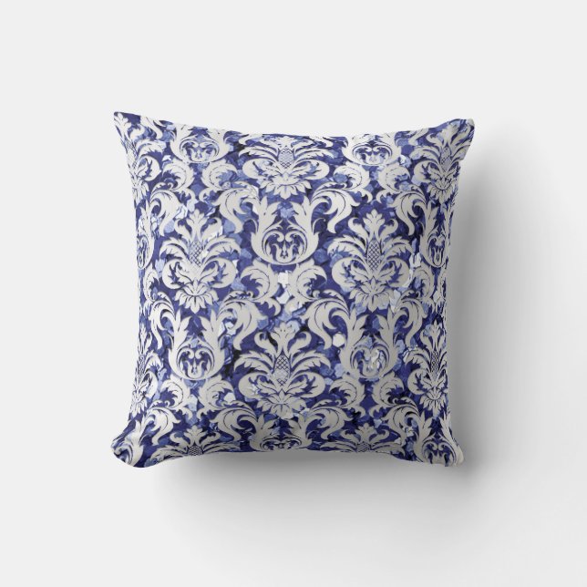 Damask Royal Glitter Silver Gray Indigo  Blue Navy Throw Pillow (Front)