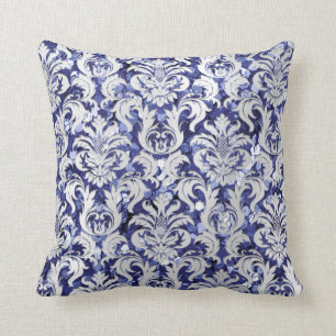 Damask Royal Glitter Silver Gray Indigo Blue Navy Throw Pillow