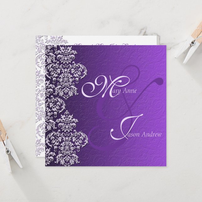 Damask Royal Purple Wedding Invitation Card (Front/Back In Situ)