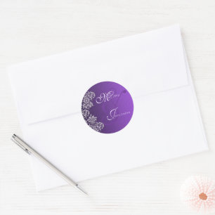 Damask Royal Purple Wedding Round Stickers