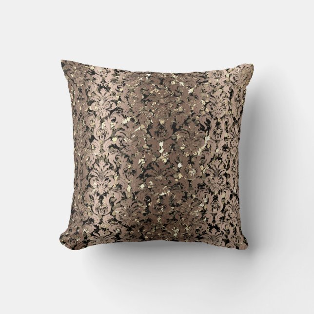 Damask Royal Sepia Gold Black Beige Metallic Throw Pillow (Front)