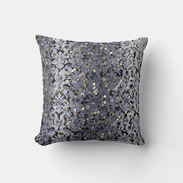 Damask Royal Sepia Gold Black Blue Navy Metallic Throw Pillow (Front)