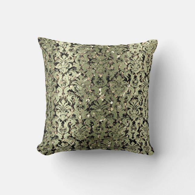 Damask Royal Sepia Gold Black Mint Green Greenery Throw Pillow (Front)