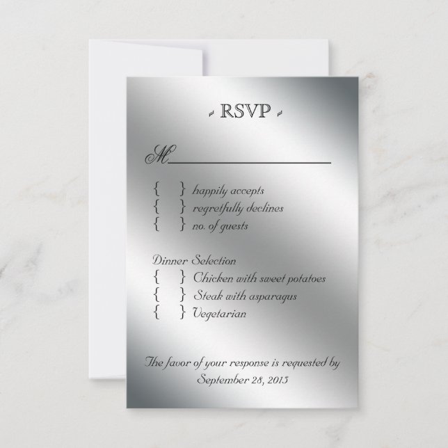 Damask RSVP Wedding Reply Card Black Silver Red (Front)