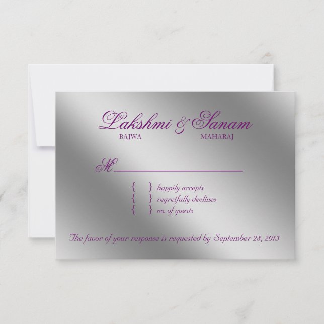Damask RSVP Wedding Reply Sparkle Purple Silver Card (Front)