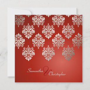Damask/ruby red/faux silver wedding invitations