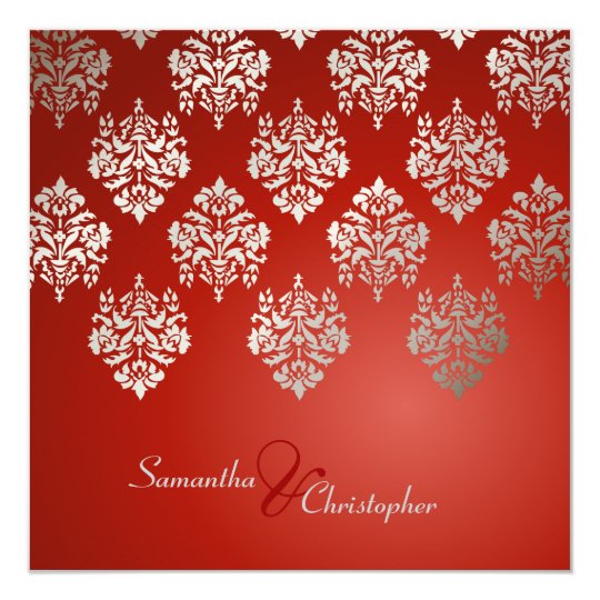 Damask/ruby red/faux silver wedding invitations