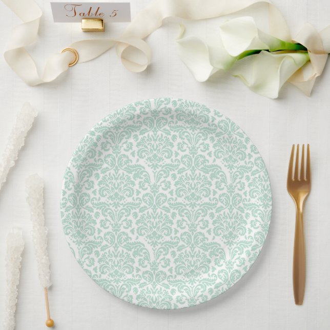 Damask Sage Green Pretty Cute Paper Plate (Wedding)