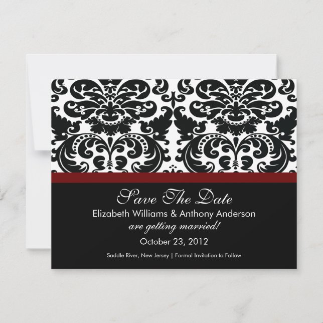 Damask Save The Date Announcement Merlot Red (Front)